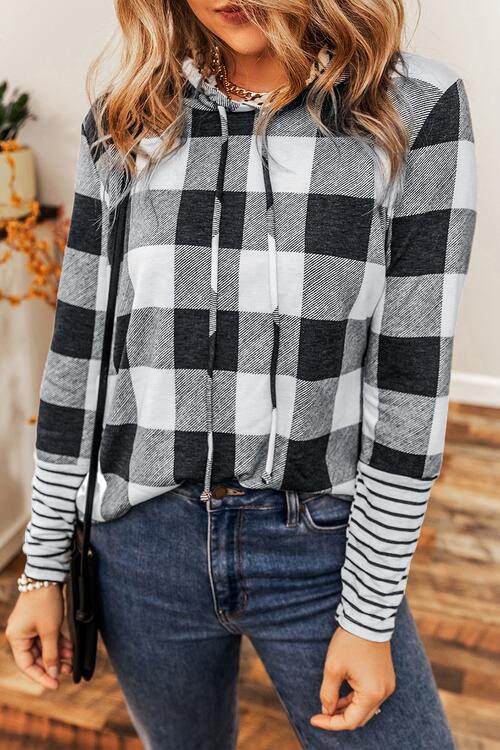 swvws Plaid Drawstring Long Sleeve Hoodie