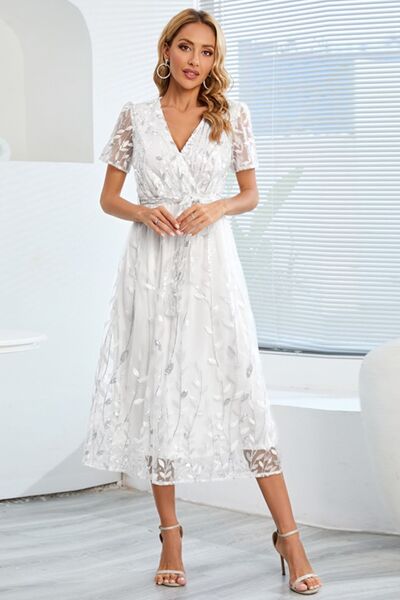 swvws Sequin Leaf Embroidery Tie Front Short Sleeve Dress