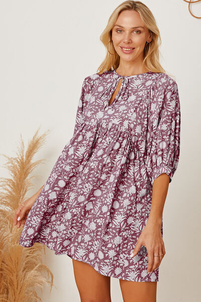 swvws Floral Tie Neck Ruched Babydoll Dress