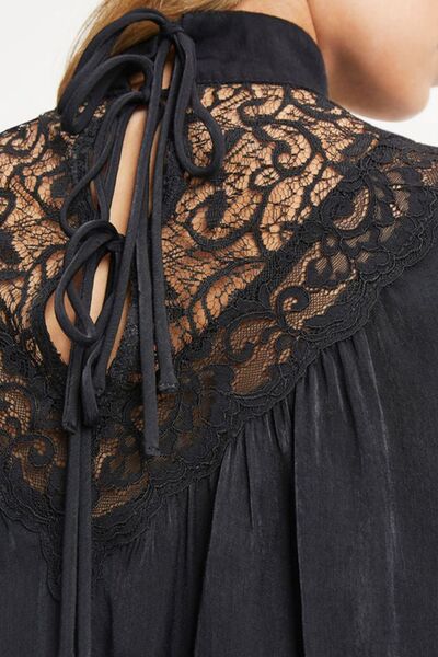 swvws Lace Detail Mock Neck Flounce Sleeve Blouse