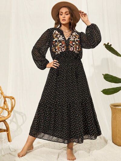 swvws Plus Size Embroidered Tassel Balloon Sleeve Dress