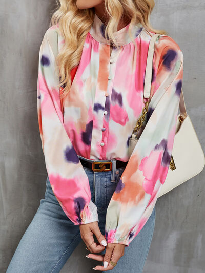 swvws Printed Mock Neck Balloon Sleeve Shirt