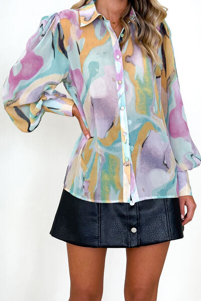 swvws Printed Button Up Lantern Sleeve Shirt