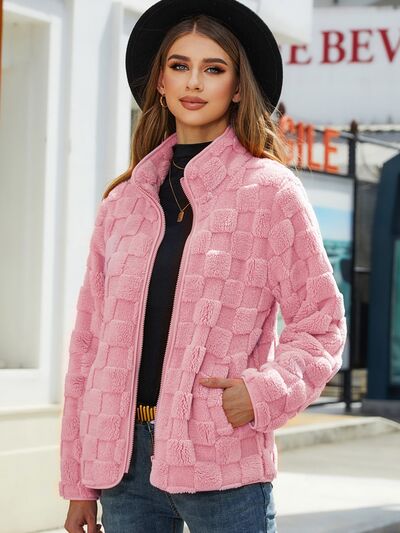 swvws Fuzzy Checkered Zip Up Jacket