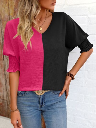 swvws Contrast V-Neck Lantern Sleeve Blouse