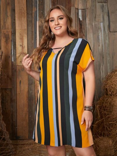 swvws Plus Size Striped Short Sleeve Mini Dress