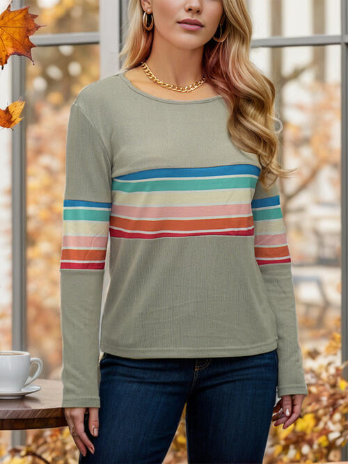 swvws Striped Round Neck Long Sleeve T-Shirt