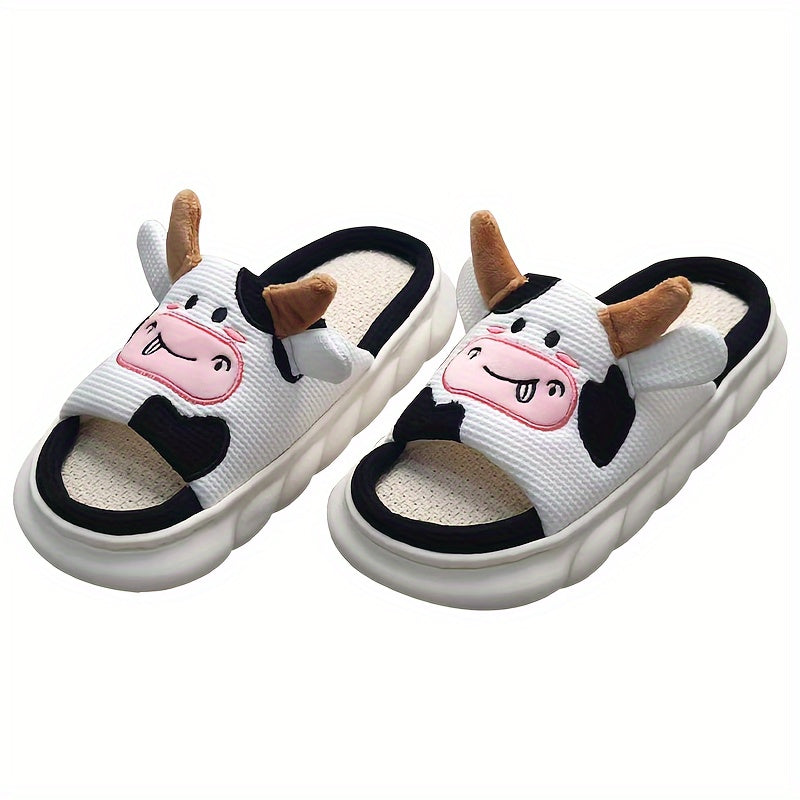 Cute Cartoon Cow Design Slippers, Casual Open Toe Linen Sole Shoes, Comfortable Indoor Home Slippers for fall