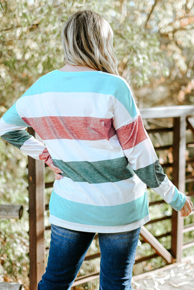 swvws Plus Size Striped Slit Long Sleeve T-Shirt