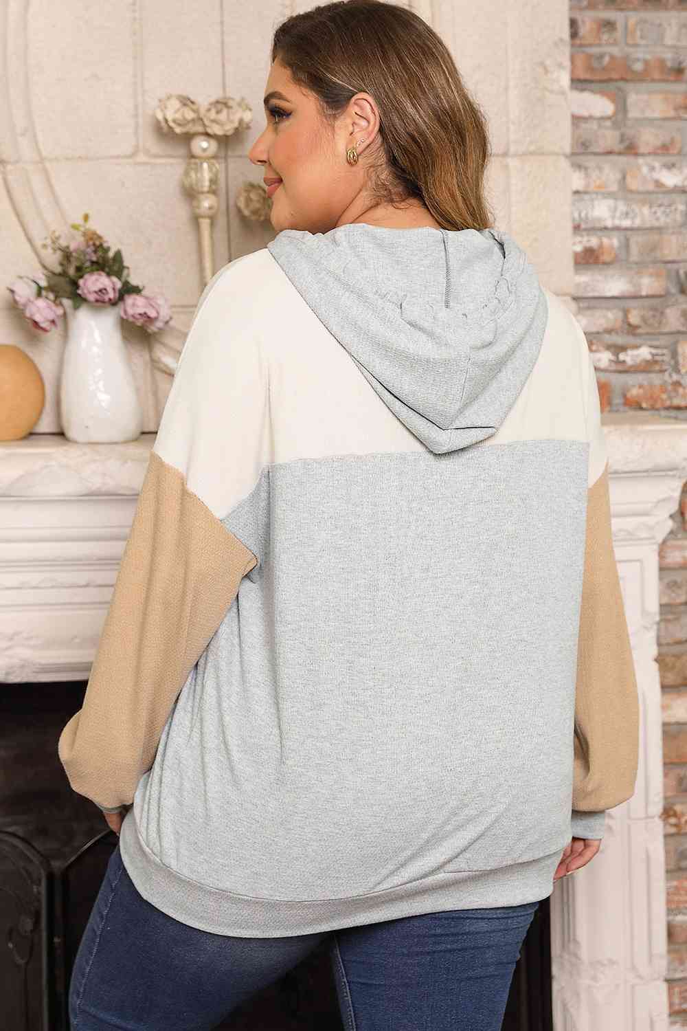 swvws Plus Size Color Block Drawstring Long Sleeve Hoodie