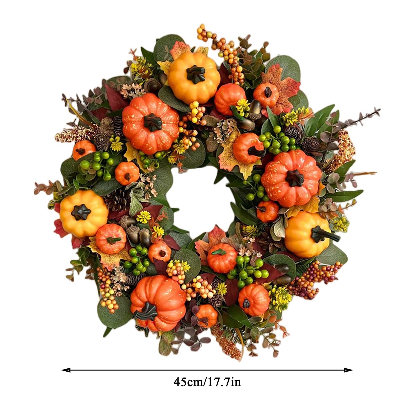 17.7in Fall Wreaths for Front Door with Berry Pumpkin Maple Leaves Autumn Wreath