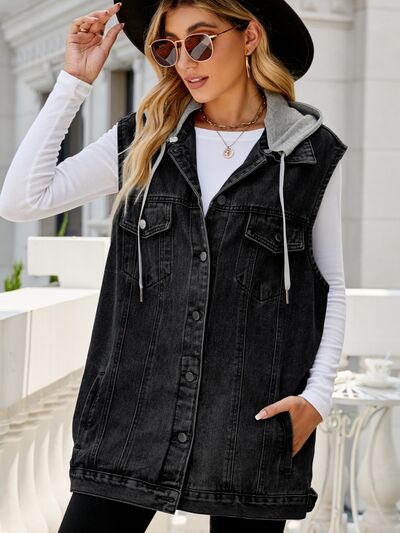 swvws Drawstring Pocketed Button Up Sleeveless Denim Jacket