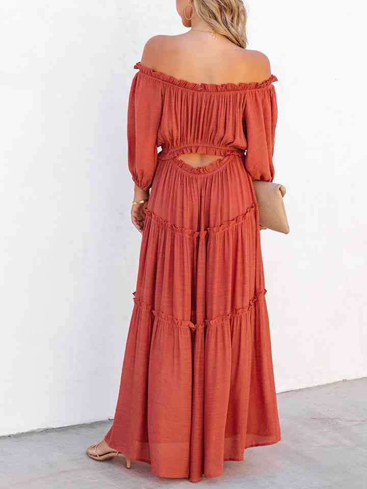 swvws Ruffle Trim Off Shoulder Long Sleeve Maxi Dress