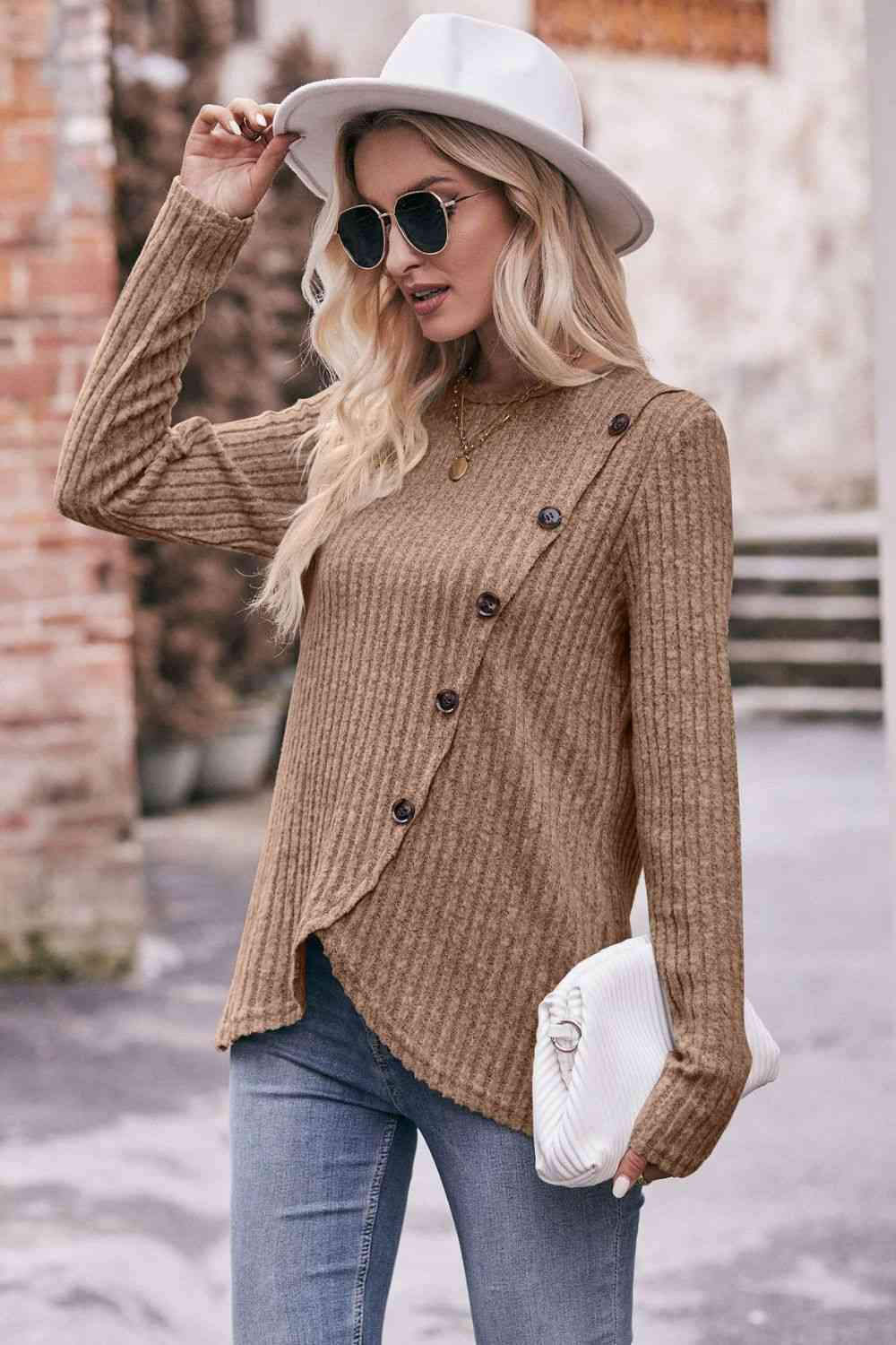 swvws Double Take Ribbed Round Neck Buttoned Long Sleeve Tee