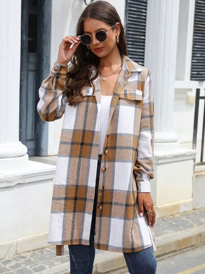 swvws Plaid Belted Collared Neck Button Up Jacket