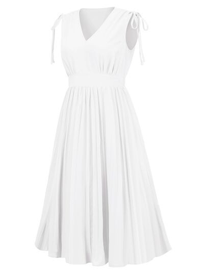 swvws Pleated V-Neck Sleeveless Midi Dress