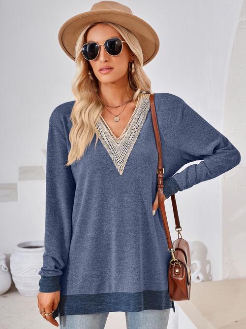 swvws Crochet Contrast V-Neck Long Sleeve Slit T-Shirt