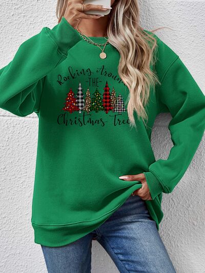 swvws Christmas Tree Graphic Round Neck Sweatshirt