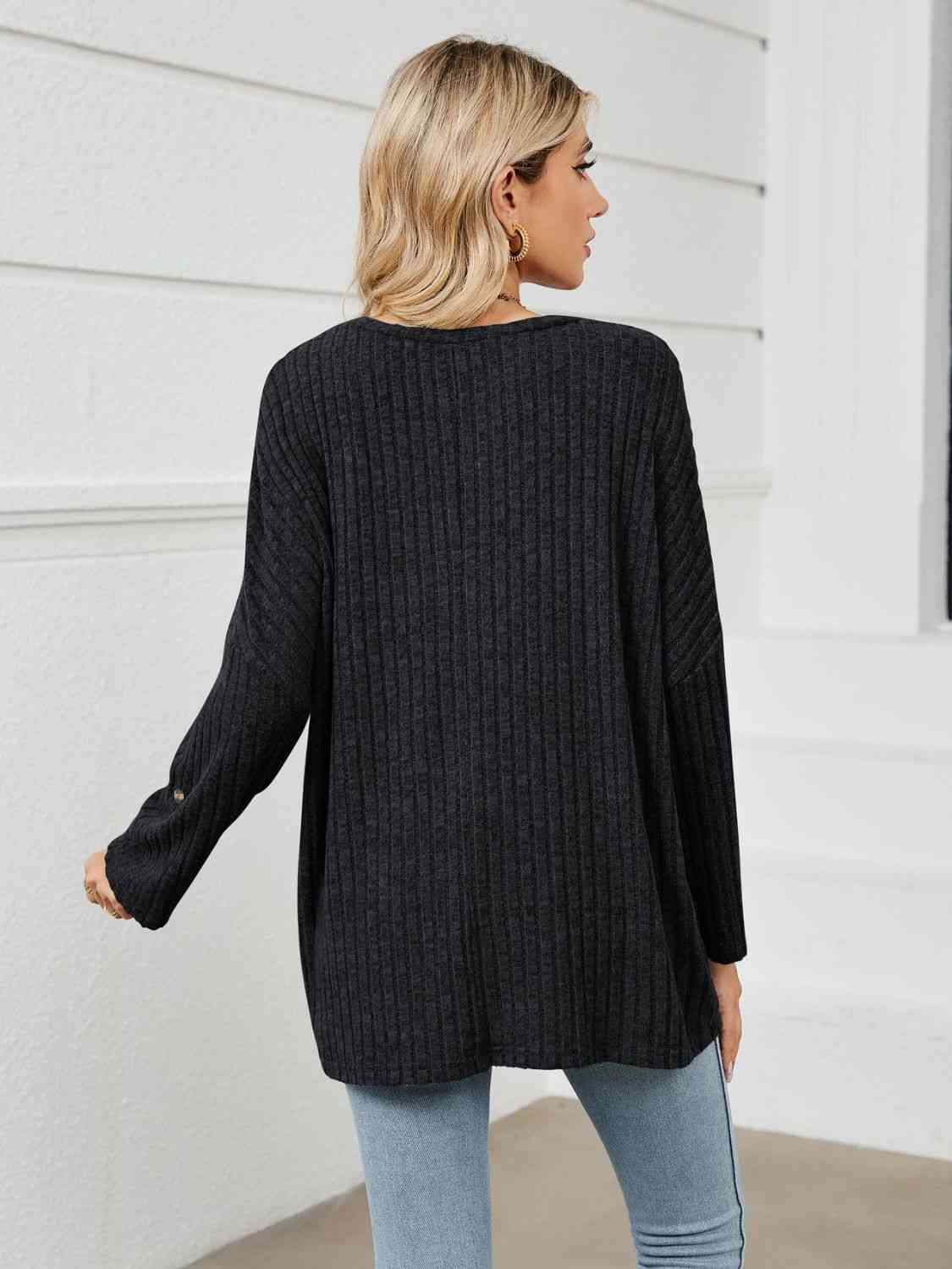 swvws Round Neck Ribbed Long Sleeve T-Shirt