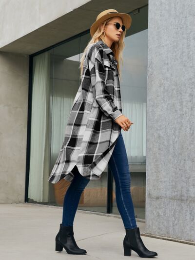 swvws Plaid Pocketed Button Up Trench Coat