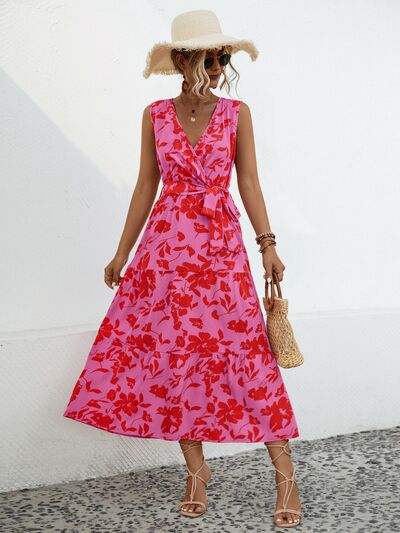 swvws Tied Printed Surplice Tiered Dress