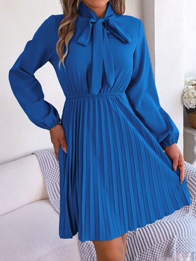 swvws Tie Neck Balloon Sleeve Pleated Dress