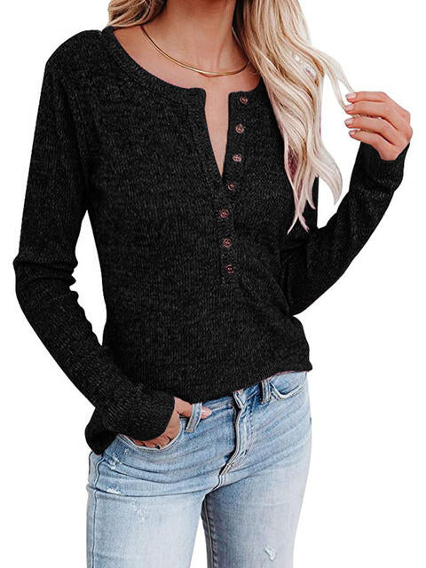 swvws Round Neck Buttoned Long Sleeve T-Shirt