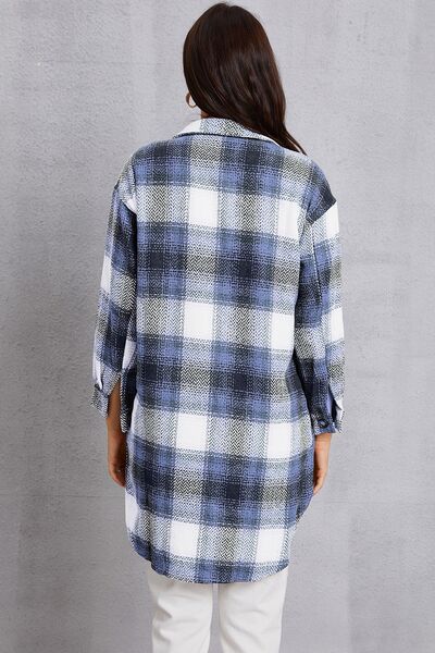 swvws Plaid Button Up Dropped Shoulder Coat with Pockets