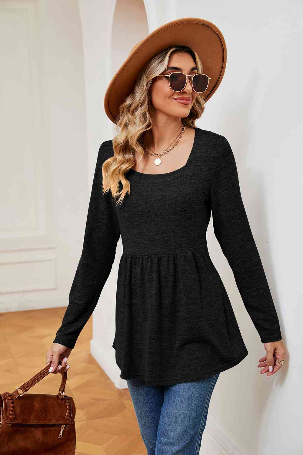 swvws Square Neck Long Sleeve Peplum Top