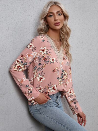 swvws Printed V-Neck Long Sleeve Blouse