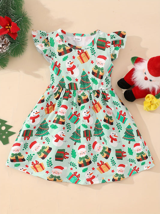 Adorable Girls' Flutter Sleeve Christmas Dress - Soft, Comfortable, Vibrant Santa Claus & Snowman Print - Perfect for Party, Gift, Holiday Season, Winter Wonderland