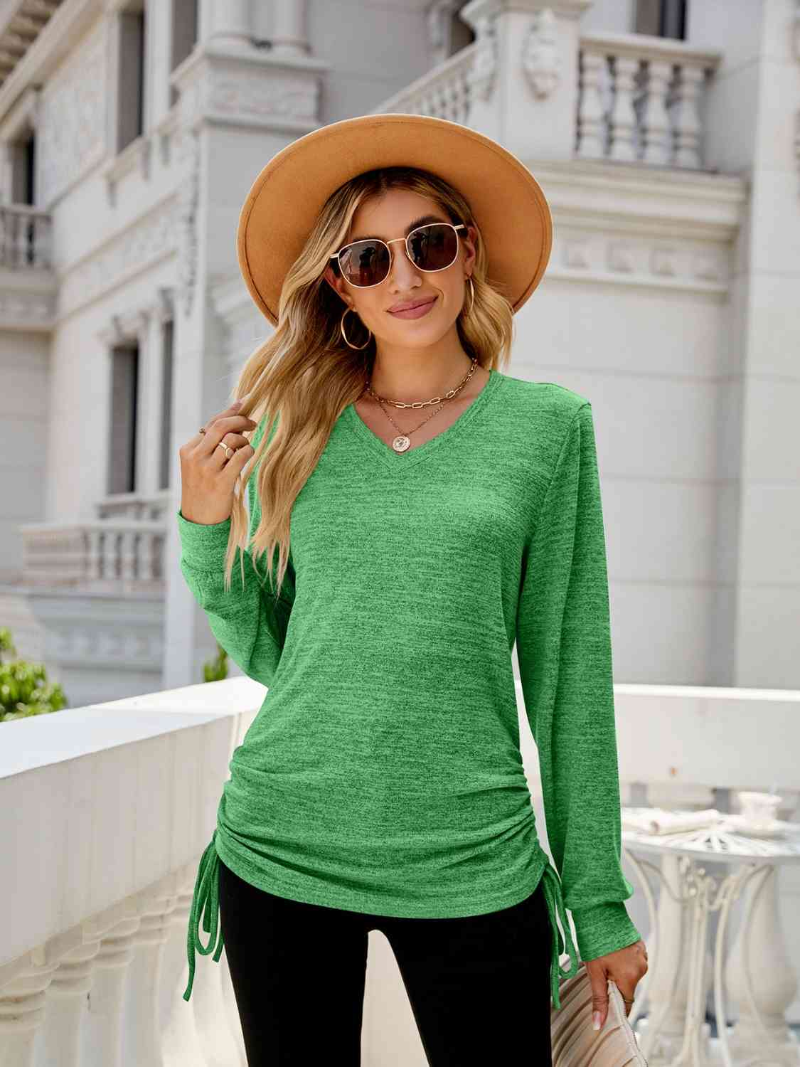 swvws Drawstring V-Neck Long Sleeve T-Shirt