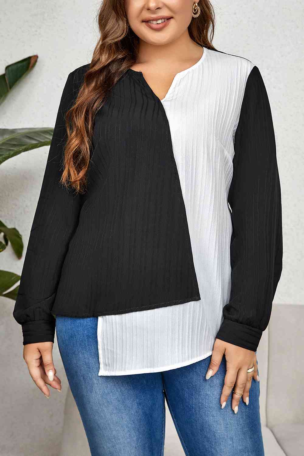 swvws Plus Size Contrast Asymmetrical Long Sleeve Top