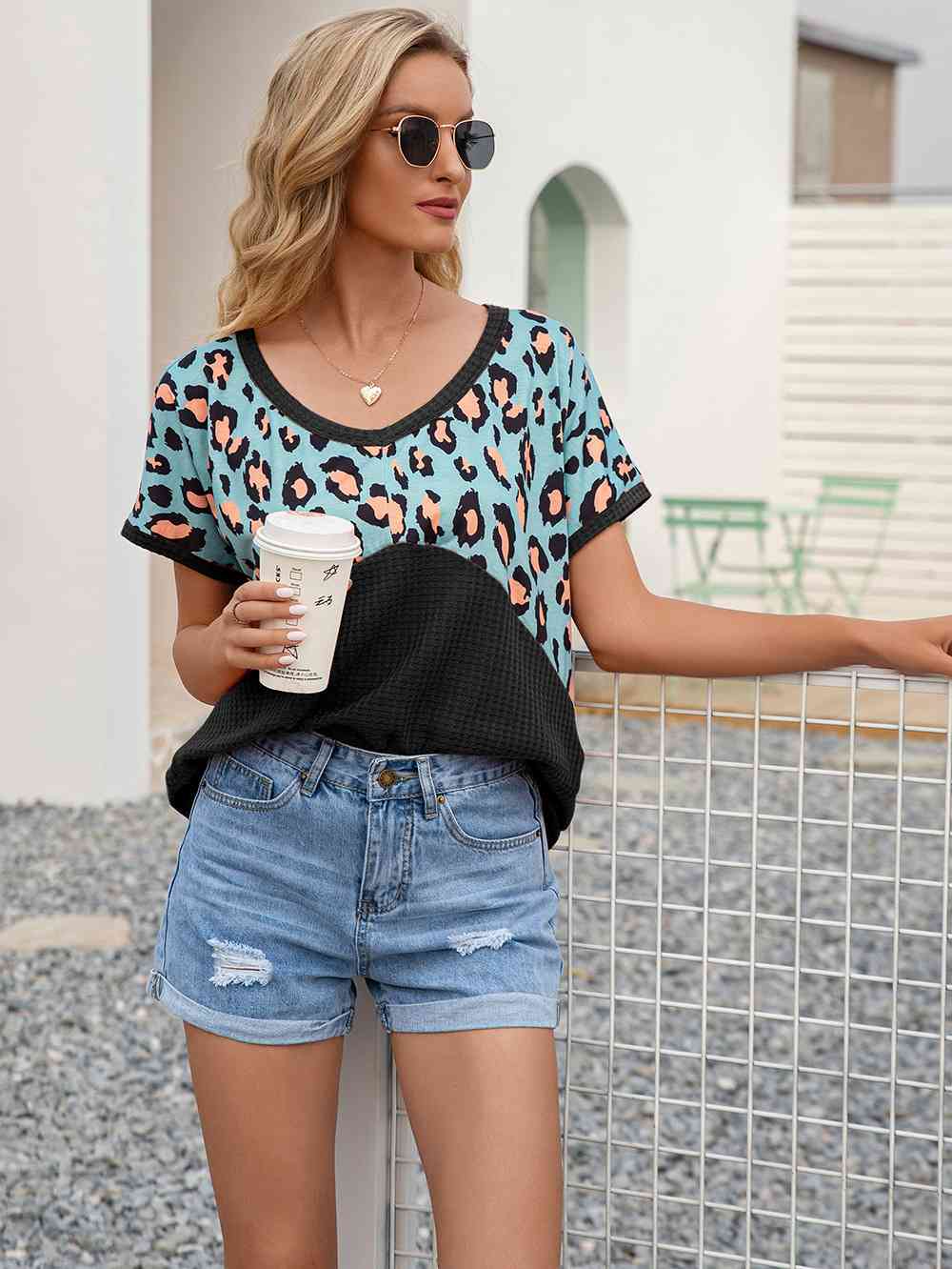 swvws Leopard Waffle-Knit Short Sleeve Top