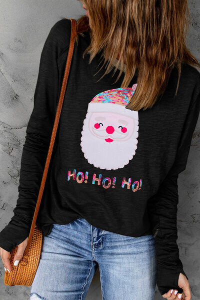 swvws Sequin Santa Round Neck Long Sleeve T-Shirt