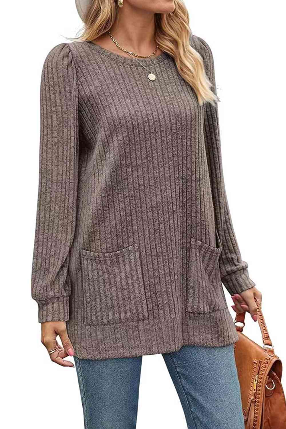 swvws Ribbed Round Neck Long Sleeve T-Shirt