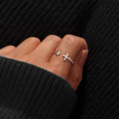 swvws Heart Shape Cross Inlaid Zircon Open Ring