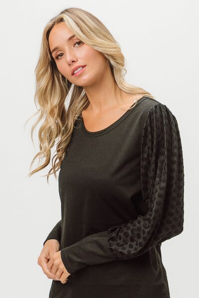 swvws BiBi Round Neck Polka Dot Lantern Sleeve Top