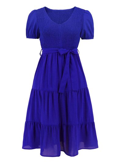 swvws Smocked Tie Front Short Sleeve Tiered Dress