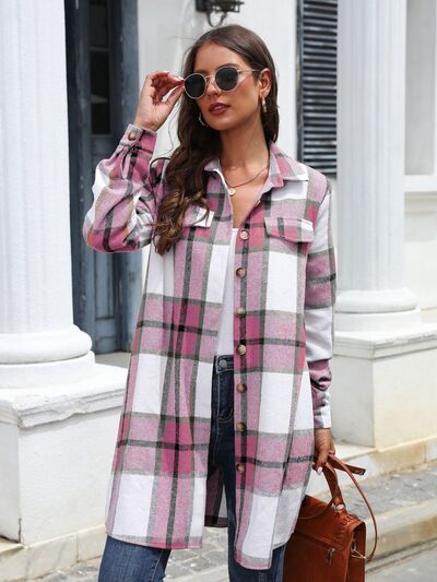 swvws Plaid Belted Collared Neck Button Up Jacket