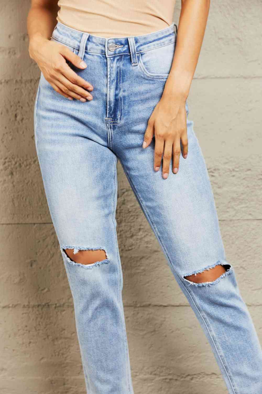 swvws BAYEAS High Waisted Distressed Slim Cropped Jeans