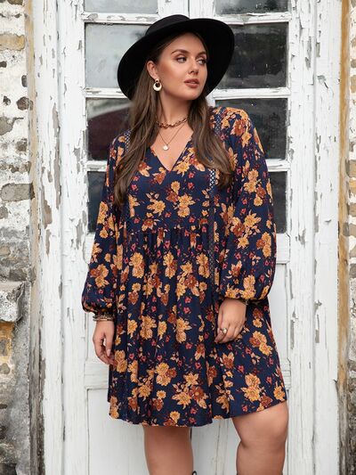 swvws Plus Size Floral V-Neck Balloon Sleeve Dress