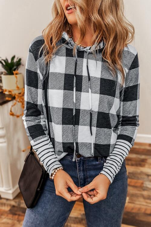 swvws Plaid Drawstring Long Sleeve Hoodie