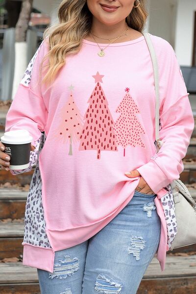 swvws Plus Size Christmas Tree Leopard Dropped Shoulder Sweatshirt