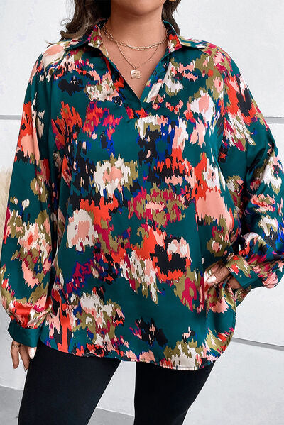 swvws Plus Size Printed Johnny Collar Long Sleeve Blouse