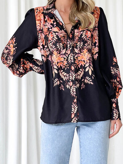 swvws Printed Collared Neck Lantern Sleeve Shirt