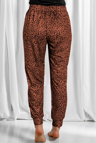 swvws Full Size Leopard Drawstring Pocketed Pants