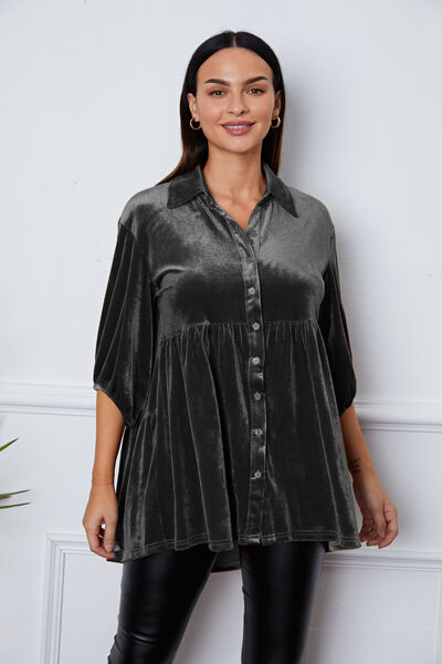 swvws Velvet Tiered Button Up Collared Neck Shirt