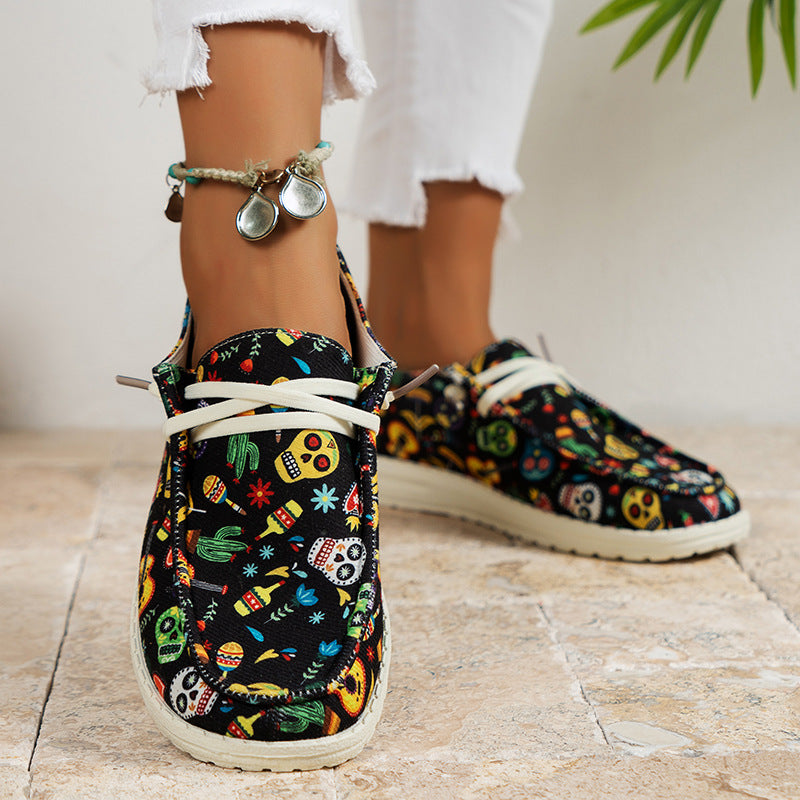 swvws - Black Casual Patchwork Printing Round Comfortable Shoes