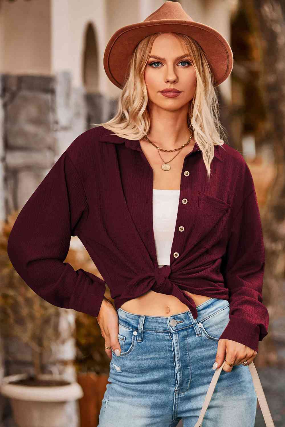 swvws Twisted Collared Neck Long Sleeve Shirt